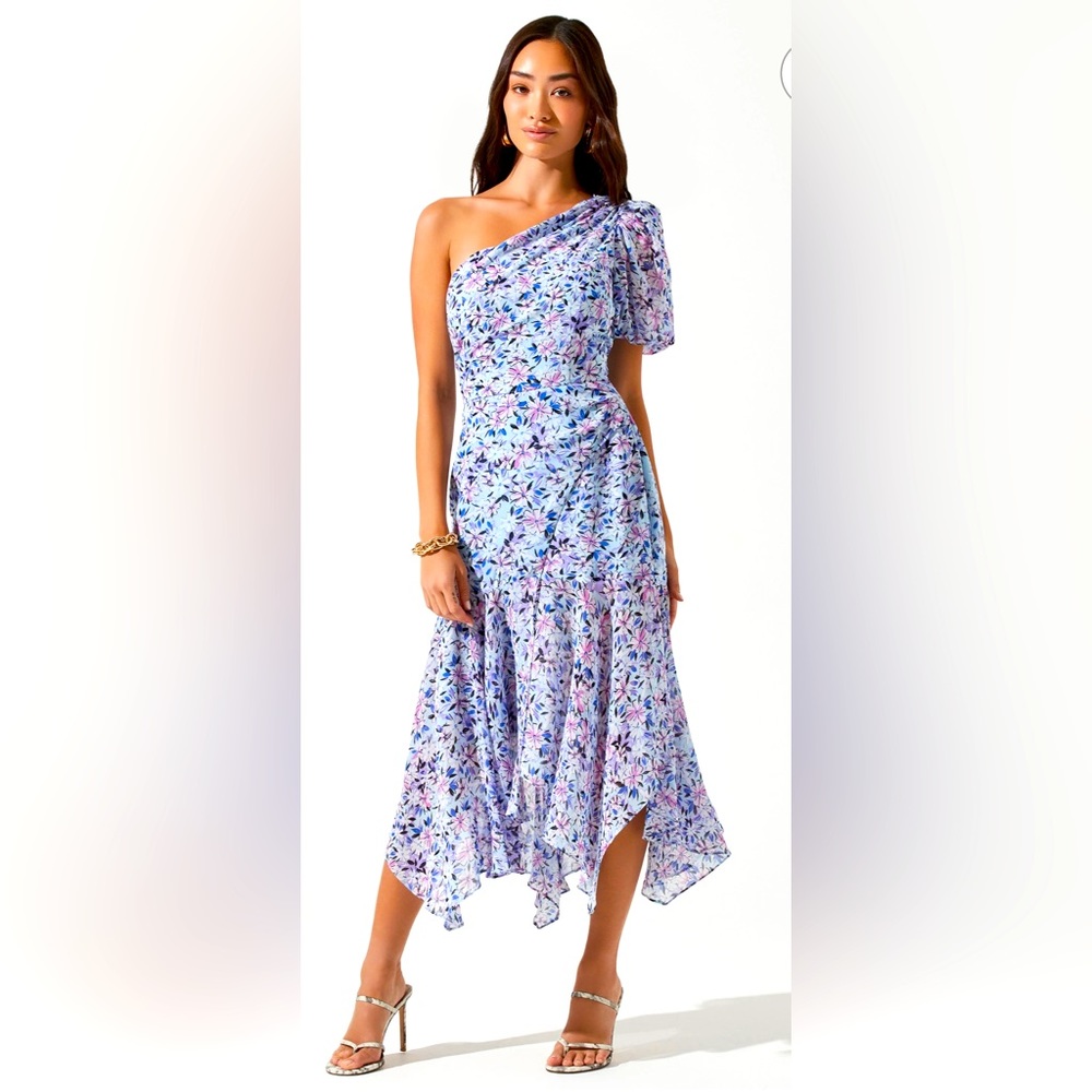 SANTORINI FLORAL ONE SHOULDER MIDI DRESS